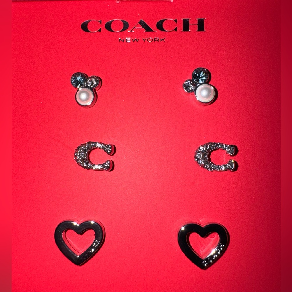 Coach Signature Stone Cluster Heart
Earrings Set. 3 pair in gift box